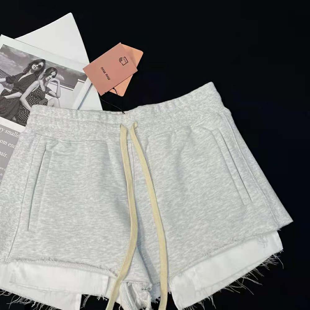 Miu Miu Women Embroidered Cotton Fleece Shorts-Silver - image 5