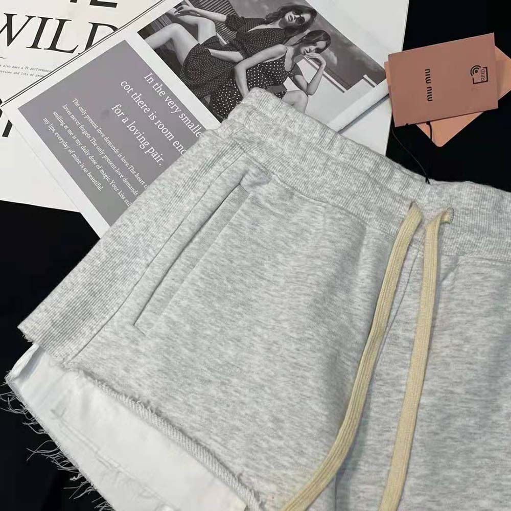 Miu Miu Women Embroidered Cotton Fleece Shorts-Silver - image 9