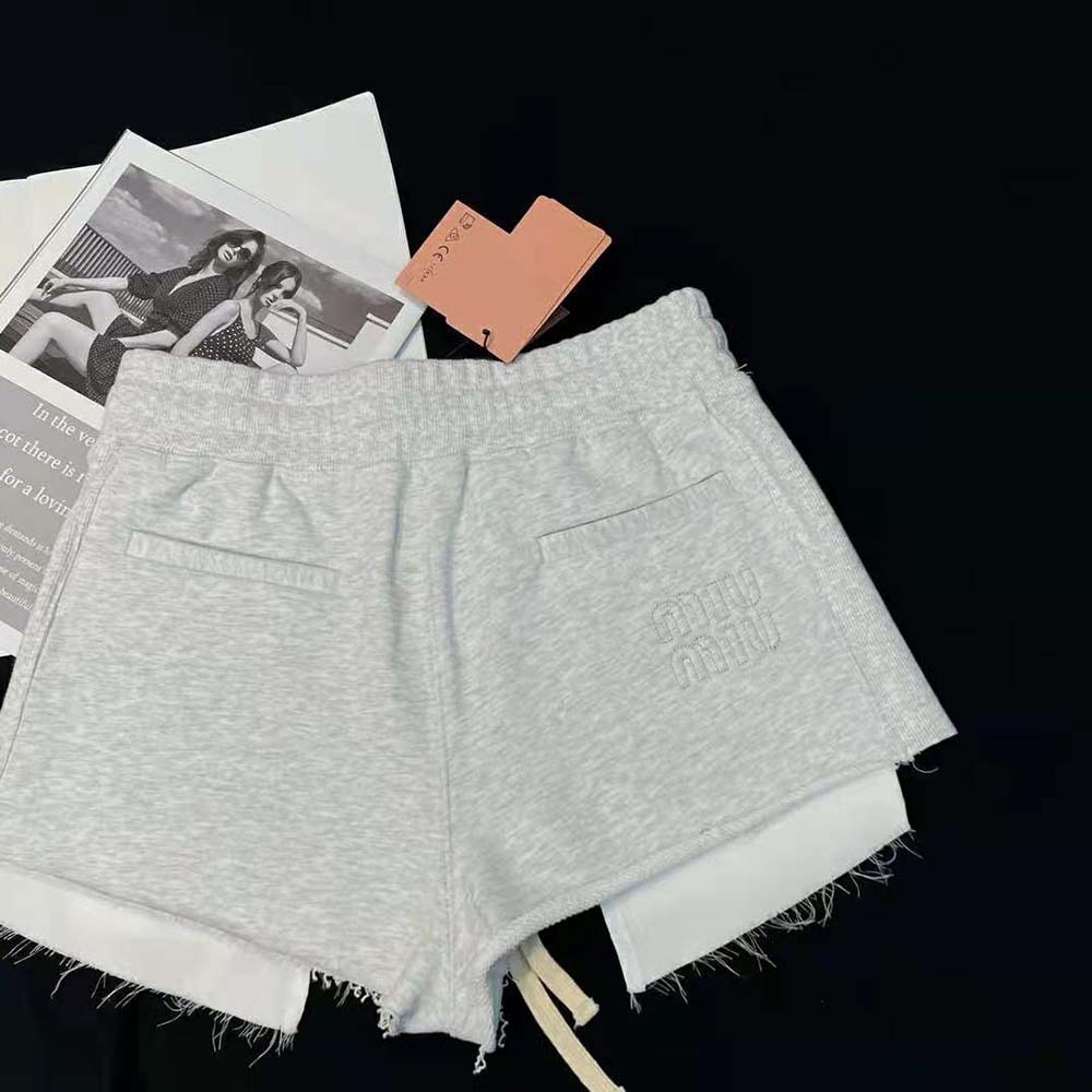 Miu Miu Women Embroidered Cotton Fleece Shorts-Silver - image 4