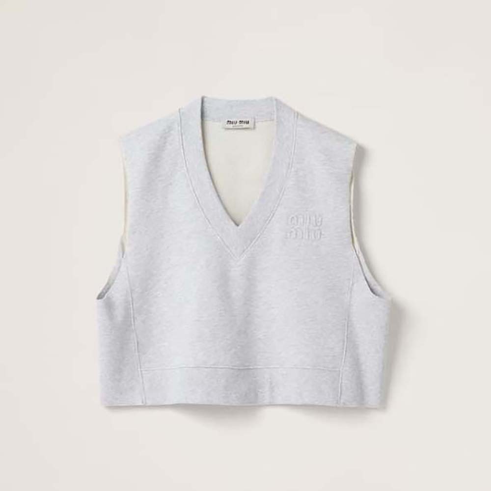 Front view of Miu Miu Women Embroidered Cotton Fleece Sweatshirt in silver