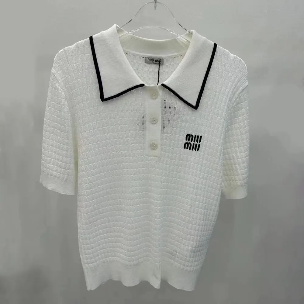 Front view of Miu Miu Women Knit Cotton Polo Shirt with Intarsia Logo-White