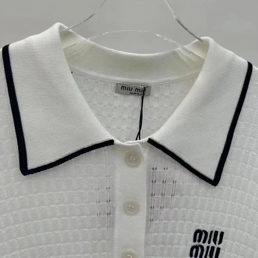 Miu Miu Women Knit Cotton Polo Shirt with Intarsia Logo-White - image 4