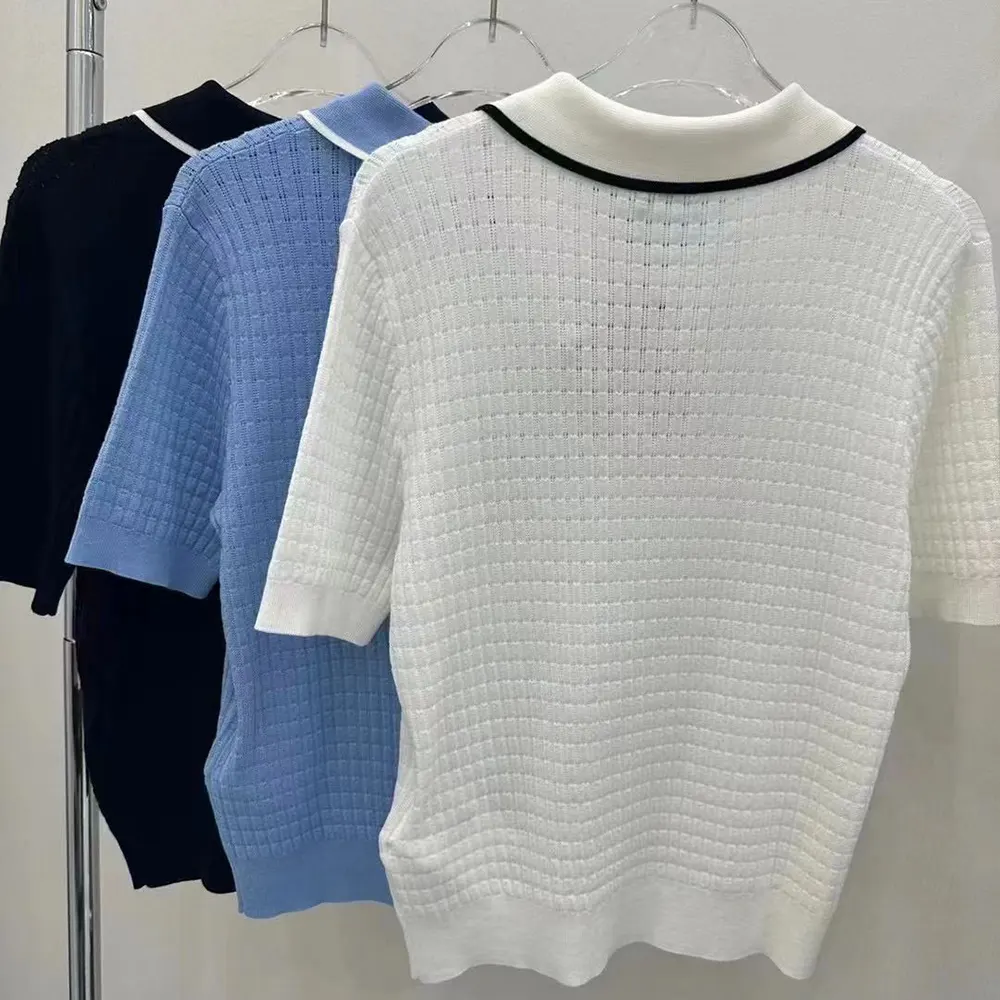 Side angle showing slim fit of Miu Miu Women Knit Cotton Polo Shirt White