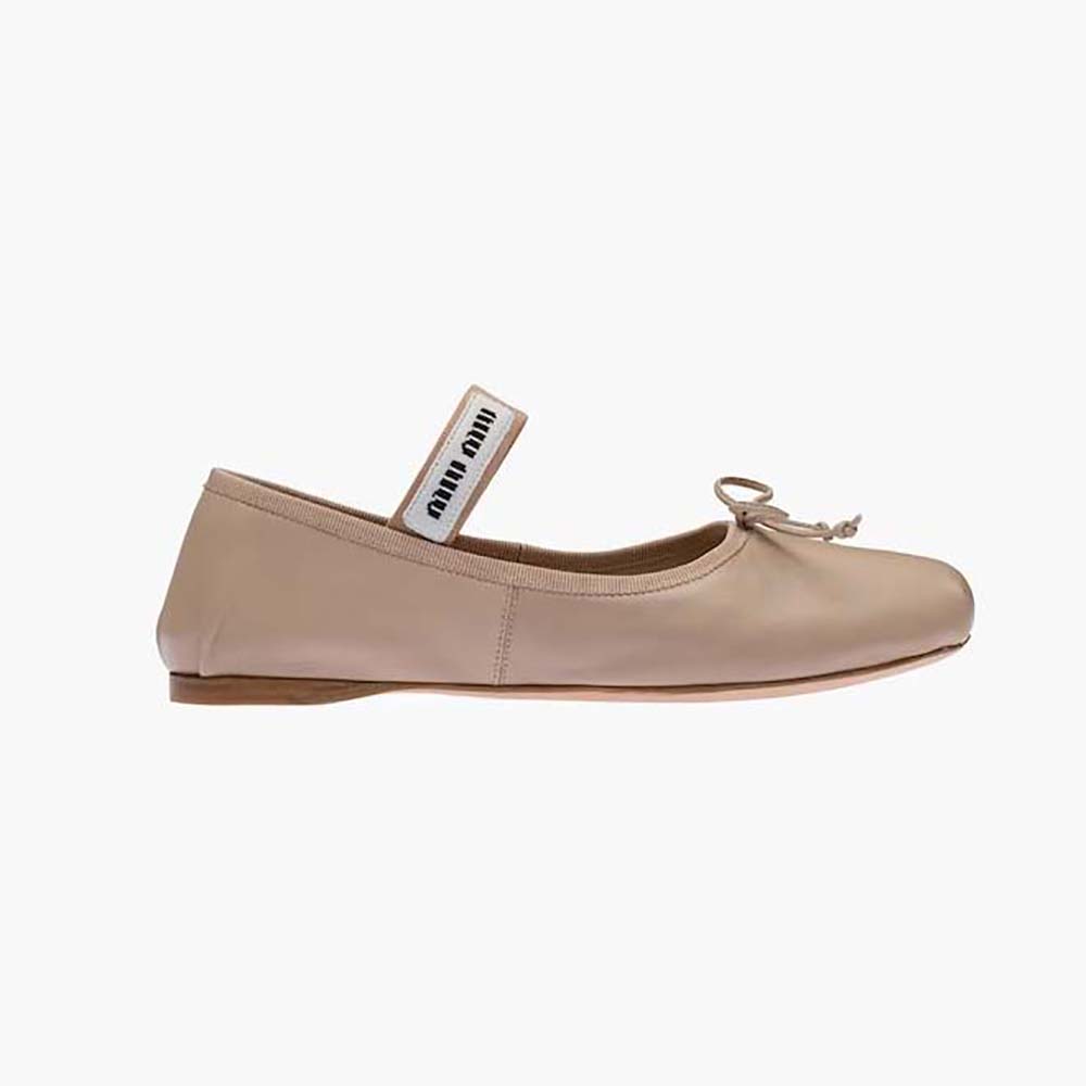 Side view of Miu Miu Women Leather Ballerinas with Fabric Logo Label-Beige