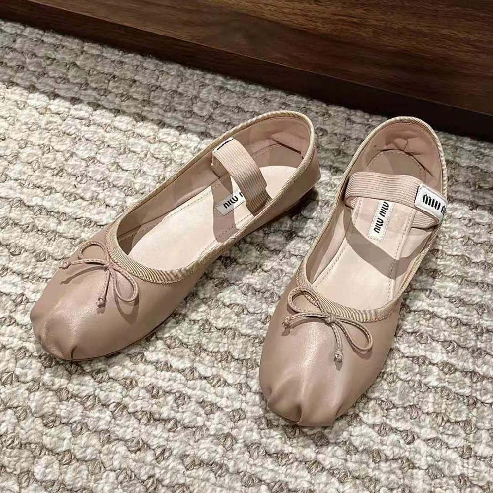 Miu Miu Women Leather Ballerinas with Fabric Logo Label-Beige - image 4