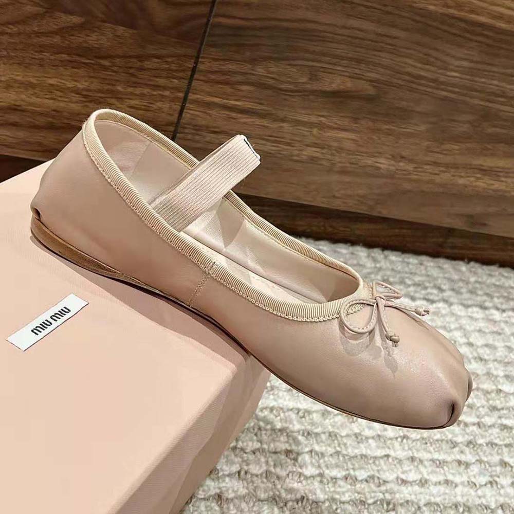 Miu Miu Women Leather Ballerinas with Fabric Logo Label-Beige - image 5