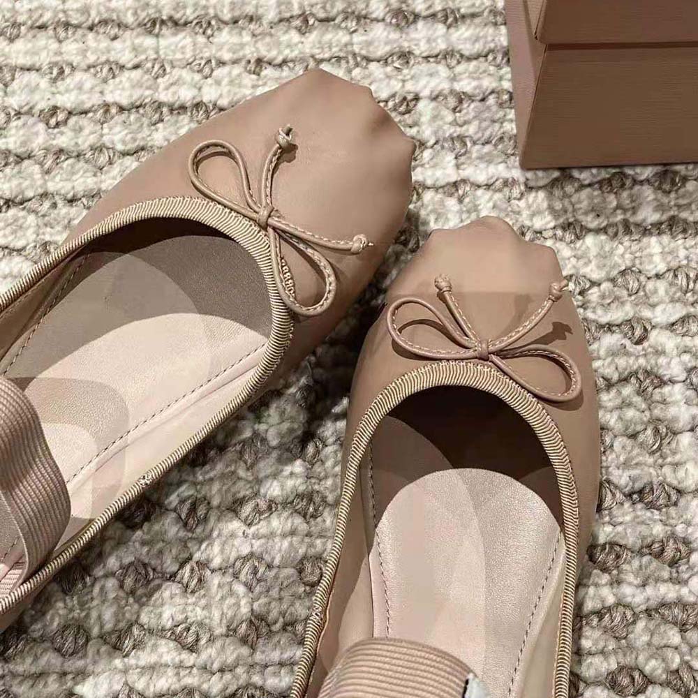 Miu Miu Women Leather Ballerinas with Fabric Logo Label-Beige - image 8