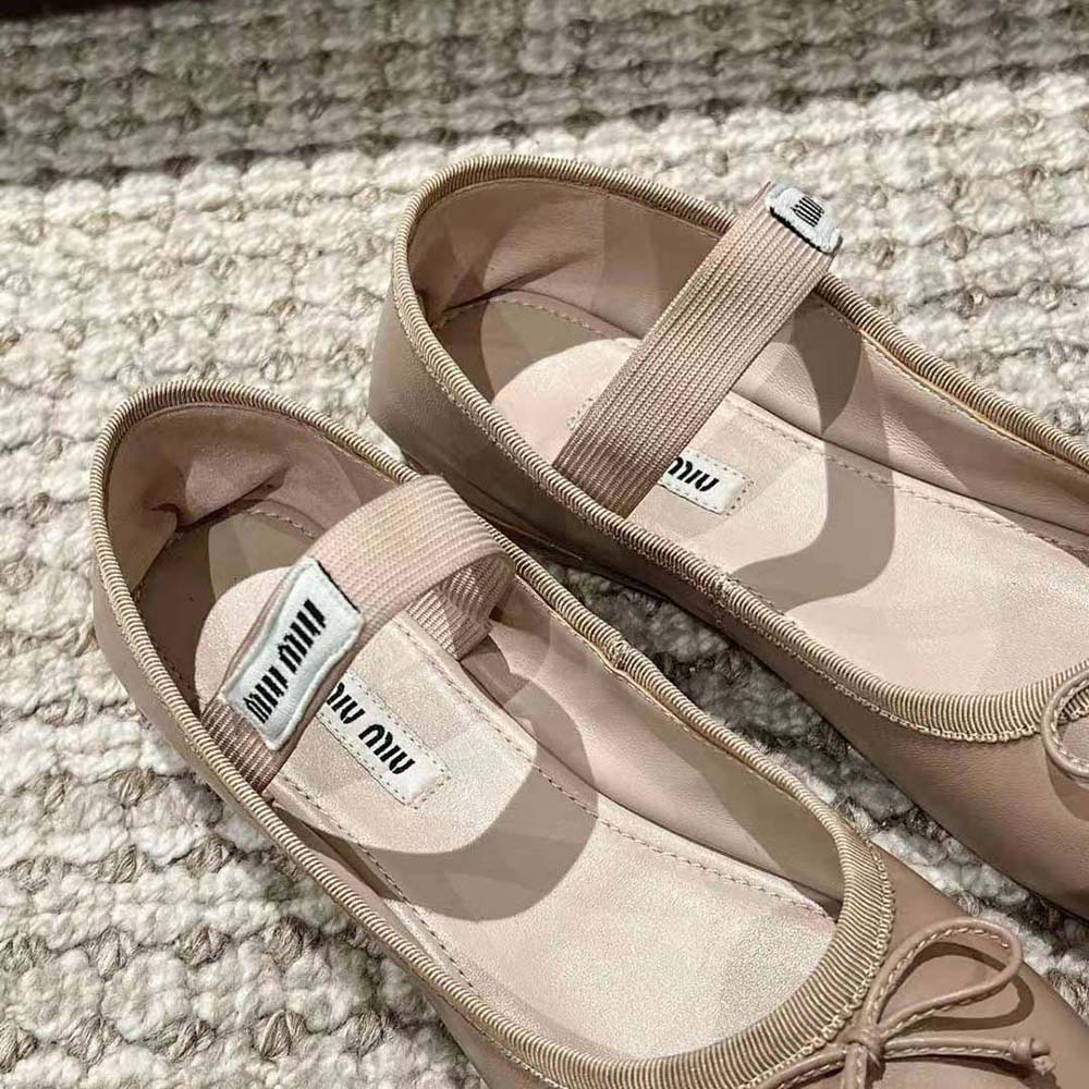 Miu Miu Women Leather Ballerinas with Fabric Logo Label-Beige - image 7