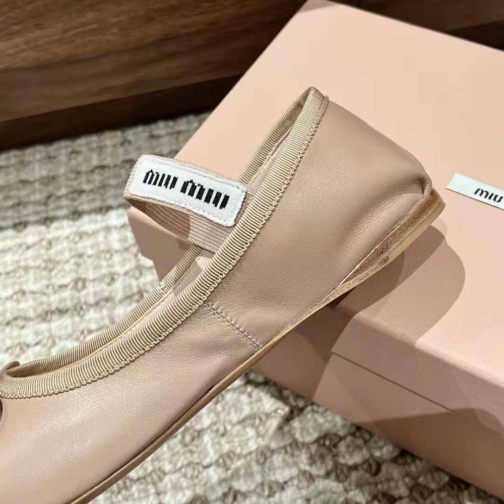 Miu Miu Women Leather Ballerinas with Fabric Logo Label-Beige - image 9
