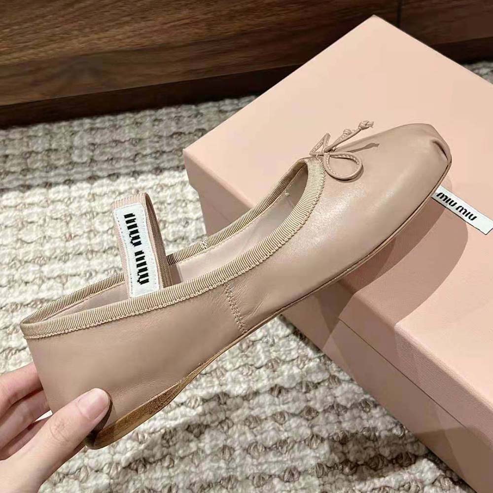 Miu Miu Women Leather Ballerinas with Fabric Logo Label-Beige - image 6