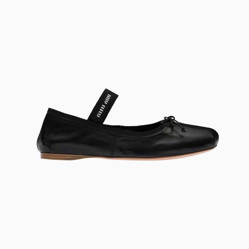 Side view of Miu Miu Women Leather Ballerinas with Fabric Logo Label-Black