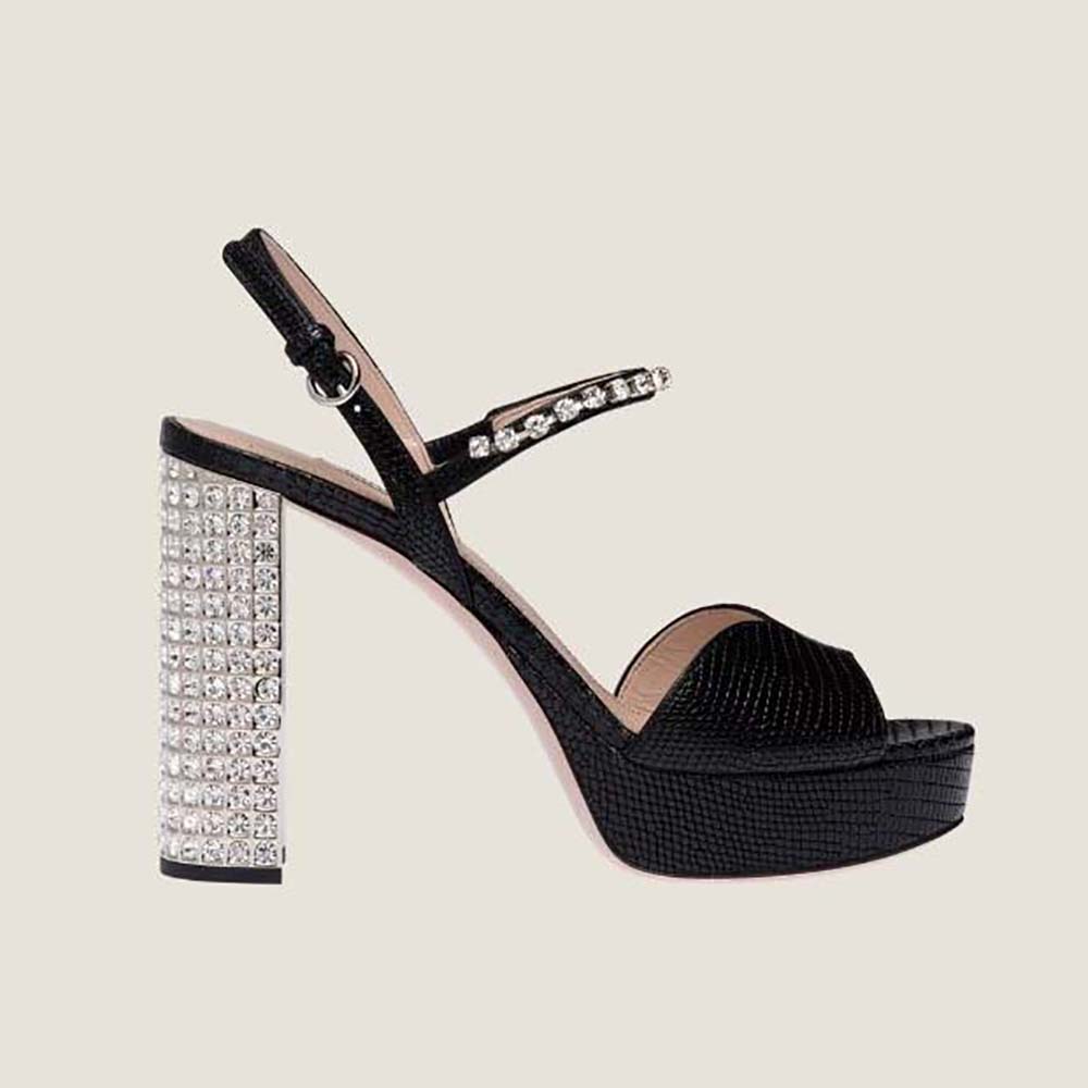 Front angle of Miu Miu Women Lizard-print Leather Platform Sandals-Black