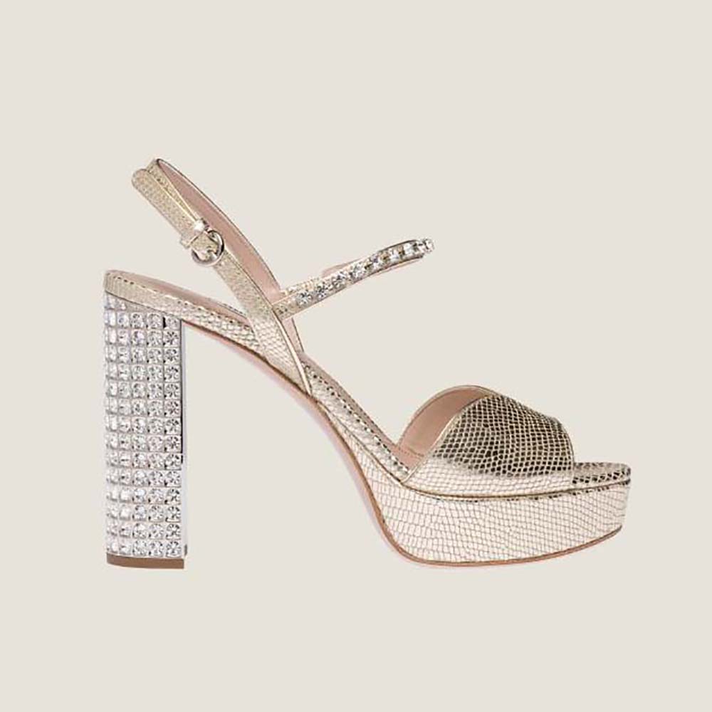 Side view of Miu Miu Women Lizard-print Leather Platform Sandals-Gold