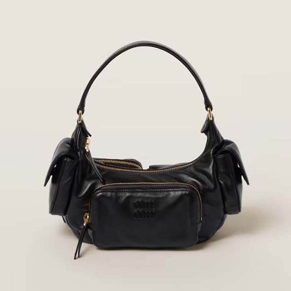 Front view of Miu Miu Women Nappa Leather Pocket Bag-Black showing signature pocket