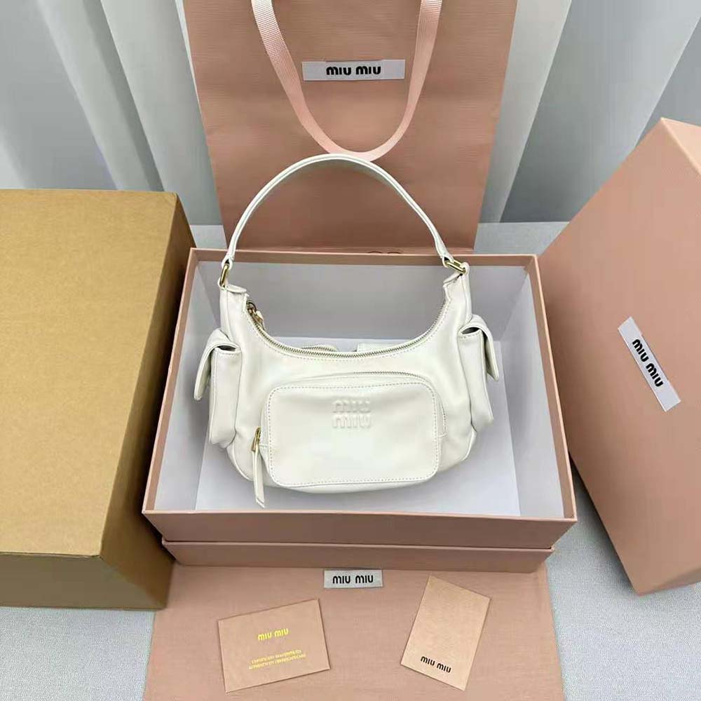 Close-up of nappa leather texture on Miu Miu Women Nappa Leather Pocket Bag-White
