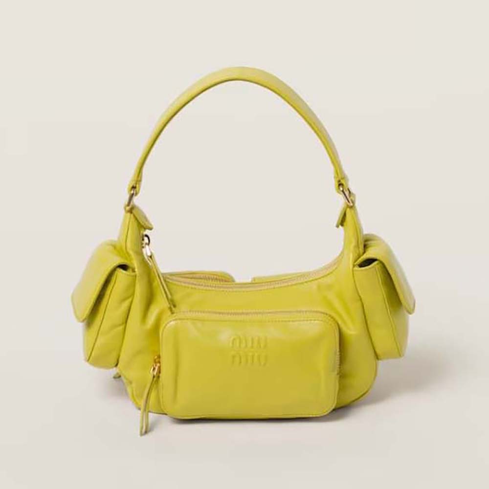 Front view of Miu Miu Women Nappa Leather Pocket Bag-Yellow with zip open