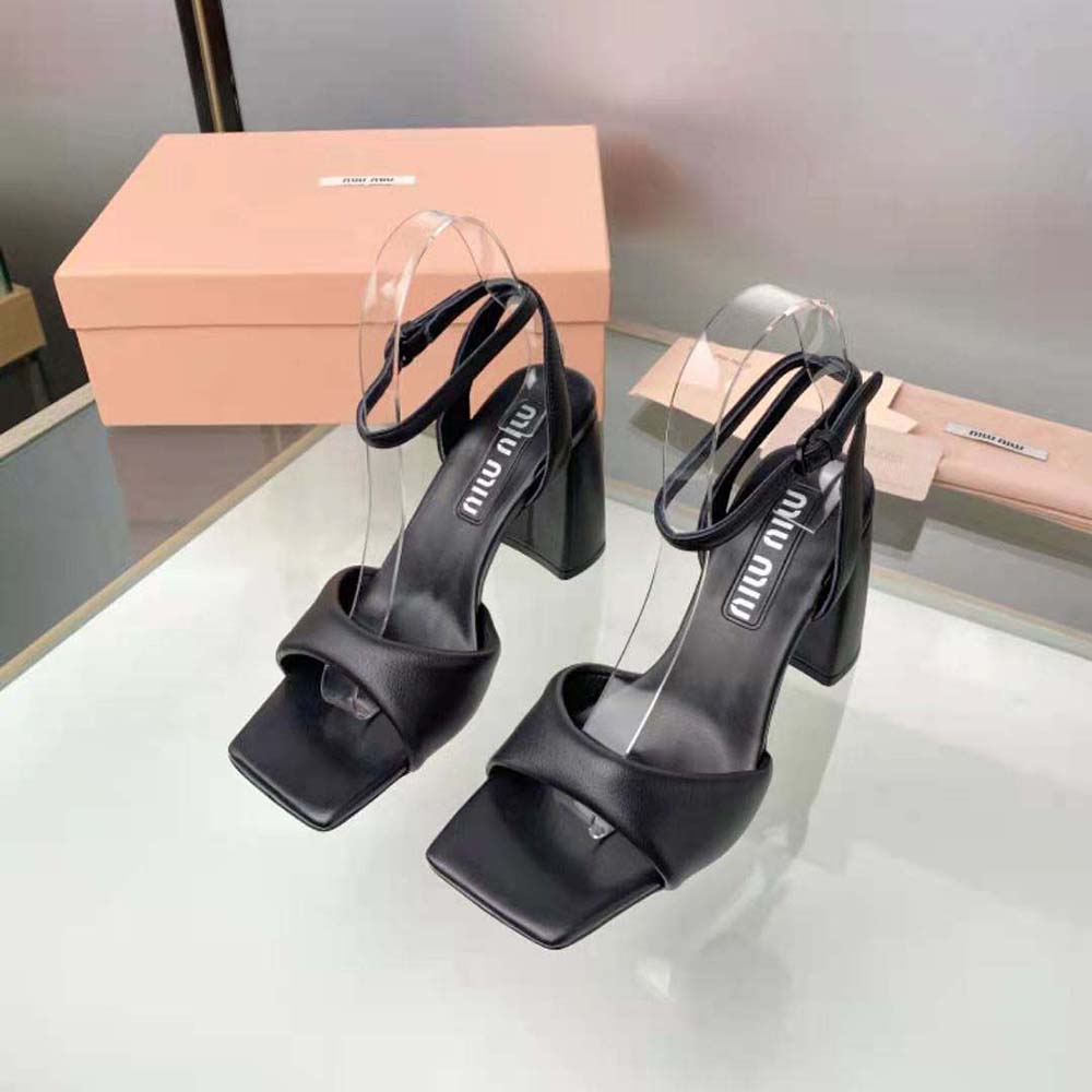 Rear view highlighting 85 mm heel on Miu Miu Women Padded Leather Sandals