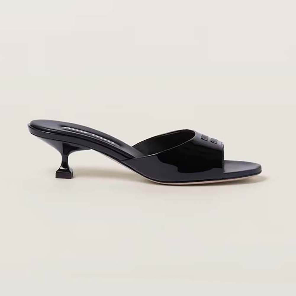 Side view of Miu Miu Women Patent Leather Sandals in 45 mm Heel Height-Black