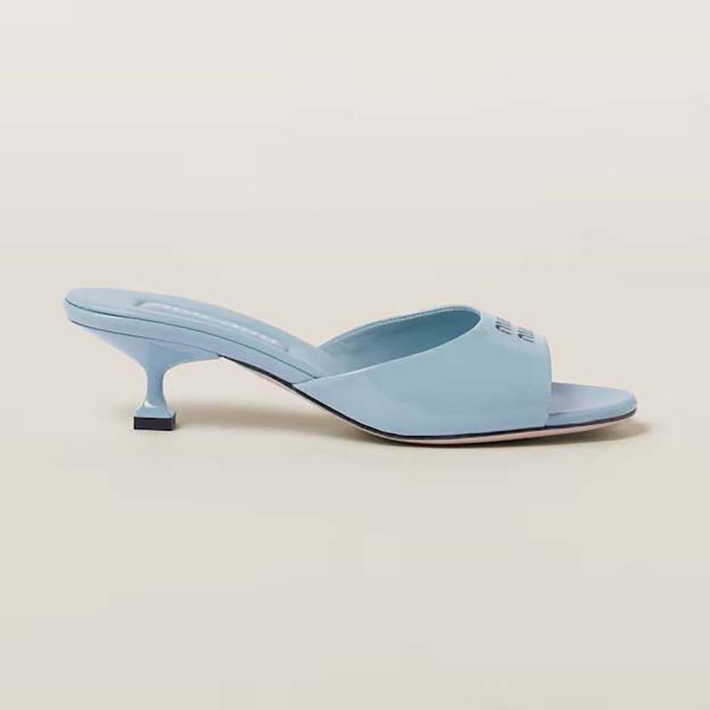 Side profile of Miu Miu Women Patent Leather Sandals in 45 mm Heel Height-Blue