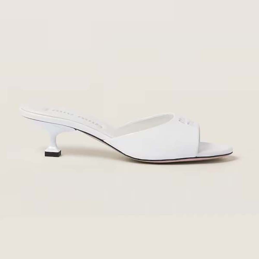 Front angle of Miu Miu Women Patent Leather Sandals in white patent leather