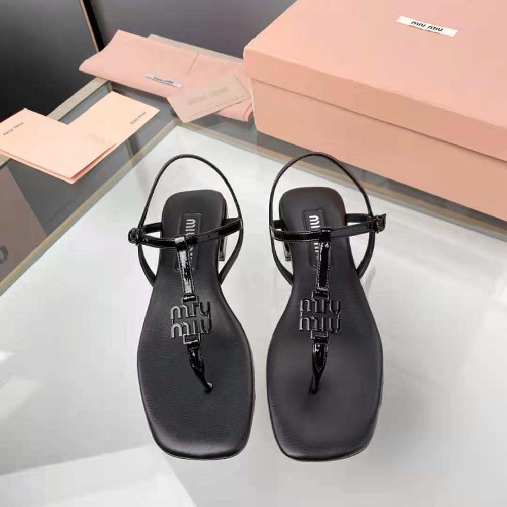 Top view showing black patent leather straps of Miu Miu Women Patent Thong Sandals