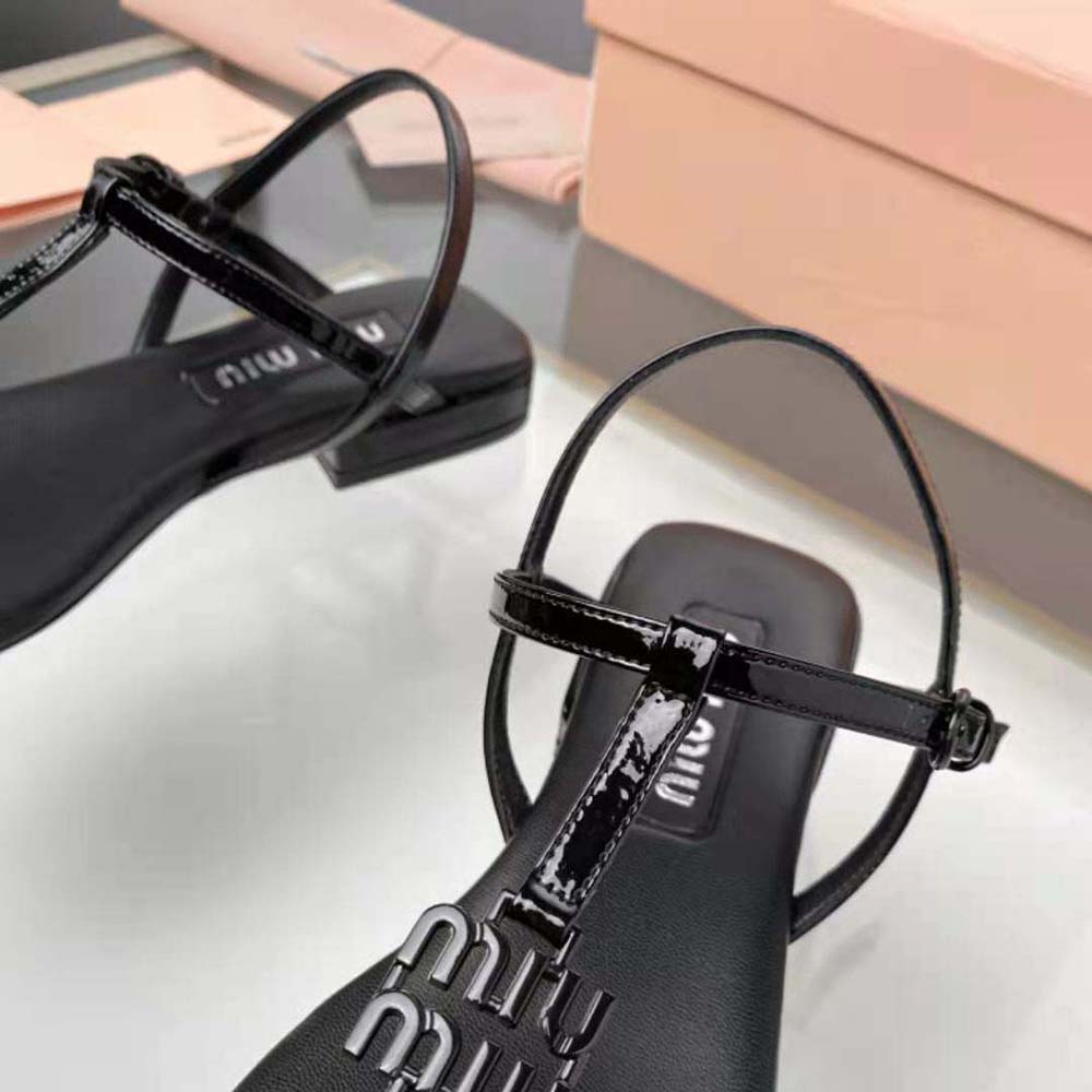 Miu Miu Women Patent Thong Sandals with Metal Lettering Logo-Black - image 6
