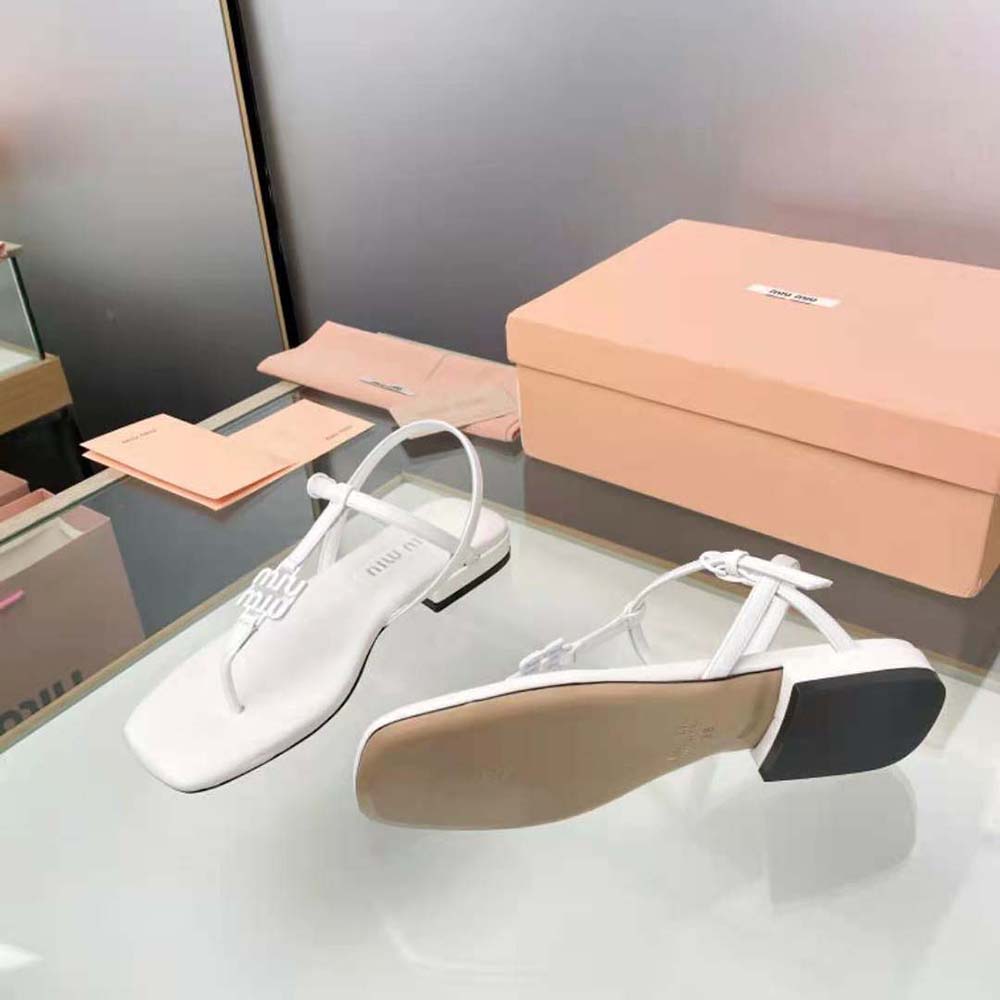 Miu Miu Women Patent Thong Sandals with Metal Lettering Logo-White - image 10