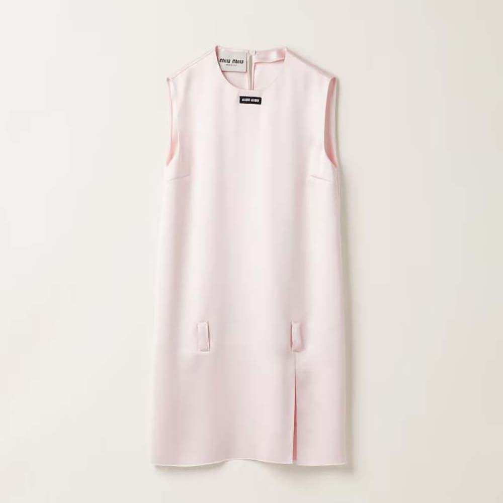 Front view of Miu Miu Women Satin Mini-dress with Jacquard Logo-Pink