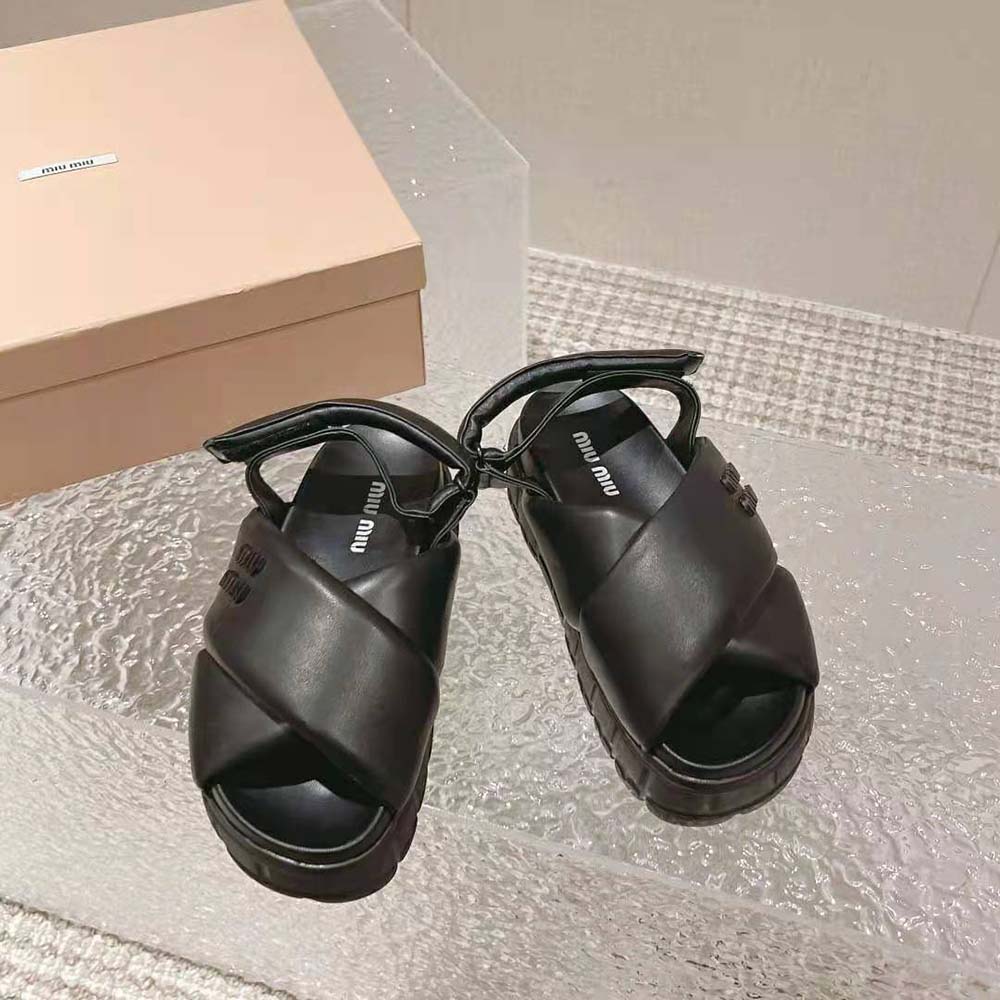 Top view showing the black nappa leather texture of Miu Miu Women Sporty Sandals