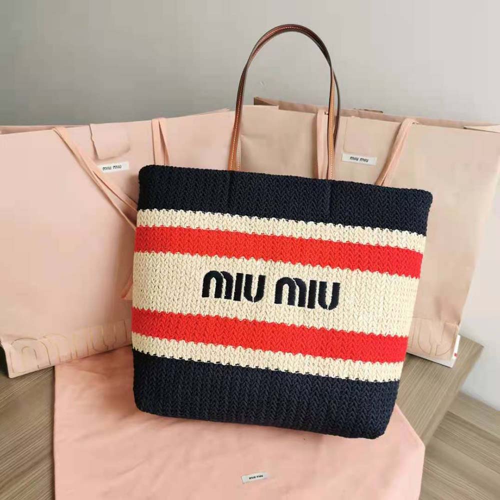Close-up of woven fabric and silver hardware on Miu Miu Women Woven Fabric Tote Bag-Black