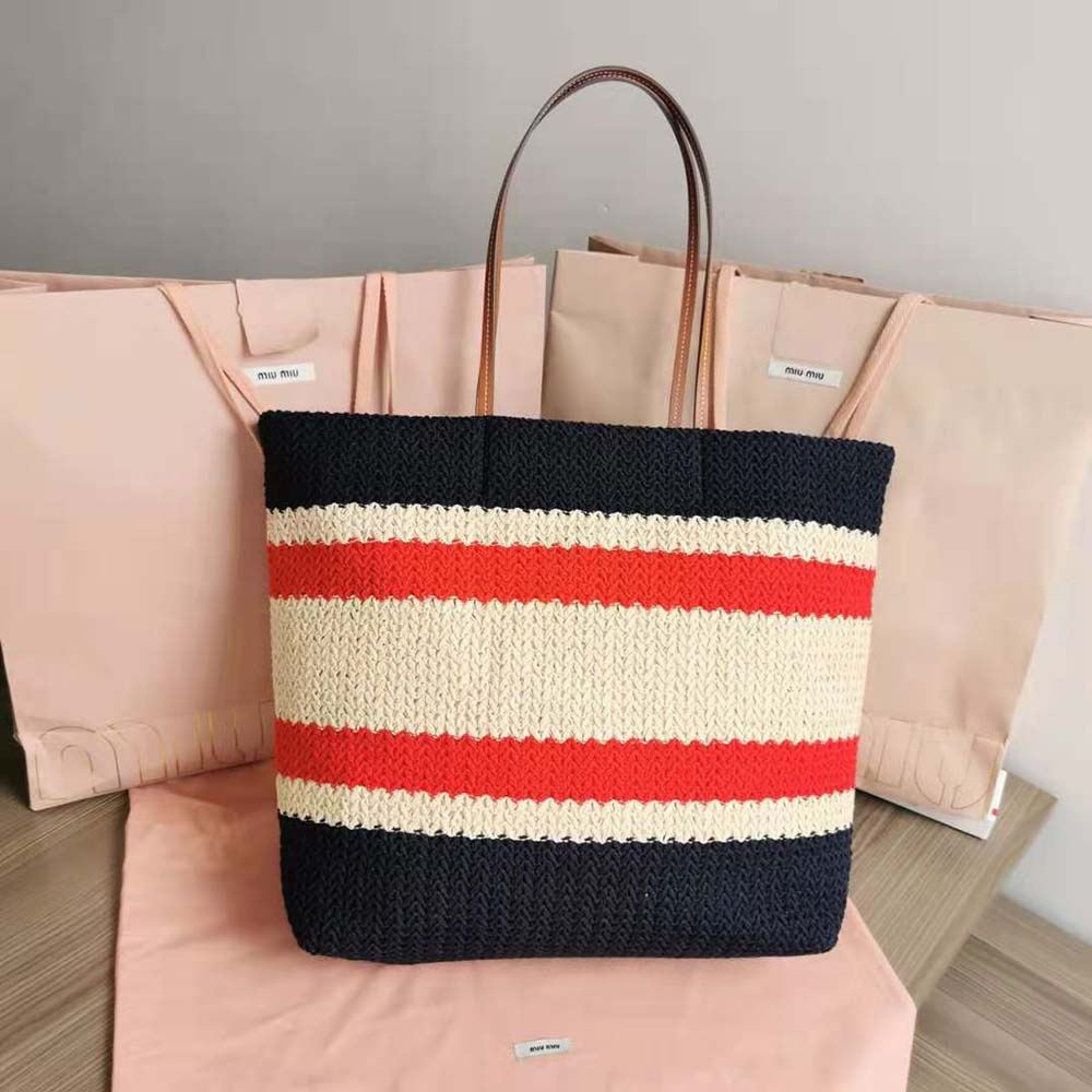 Interior layout of Miu Miu Women Woven Fabric Tote Bag-Black with open top