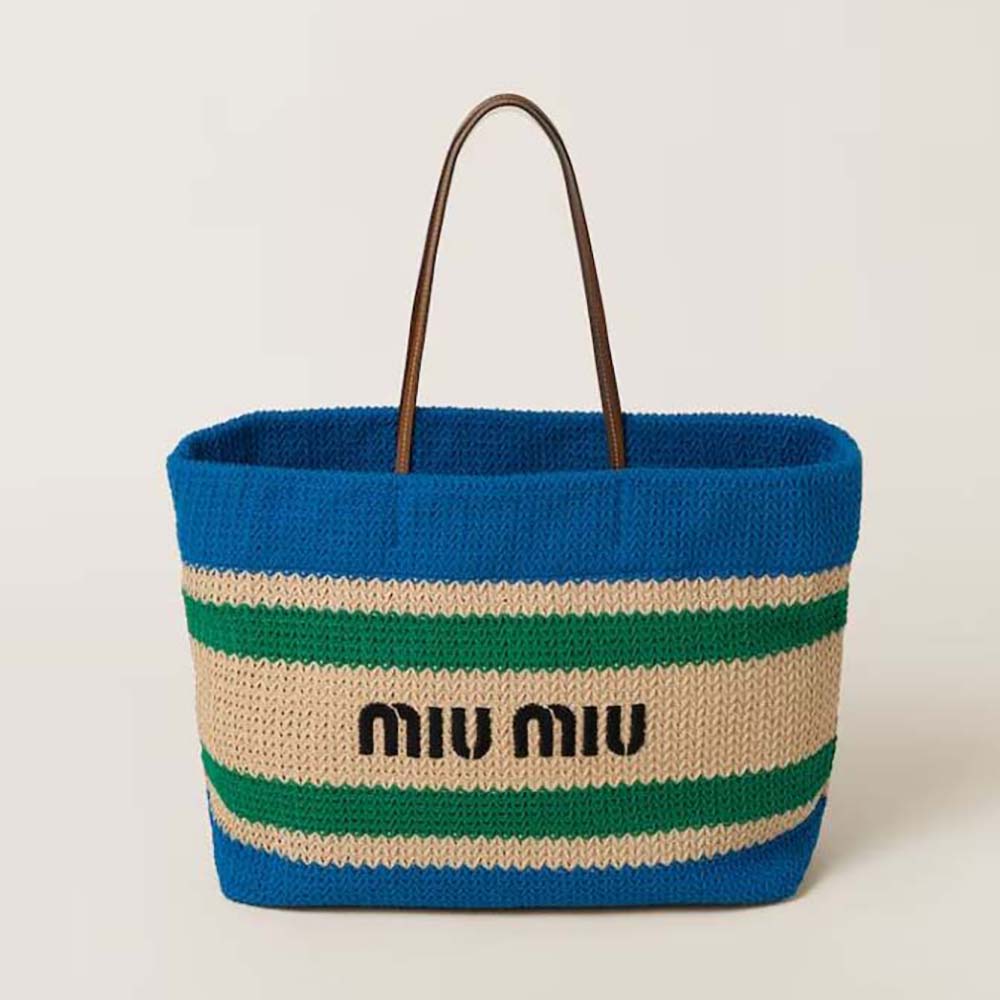 Front view of Miu Miu Women Woven Fabric Tote Bag-Blue with silver hardware