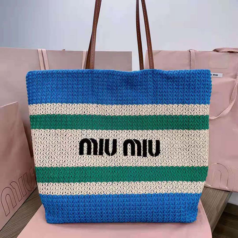 Close-up of woven fabric texture on Miu Miu Women Woven Fabric Tote Bag-Blue