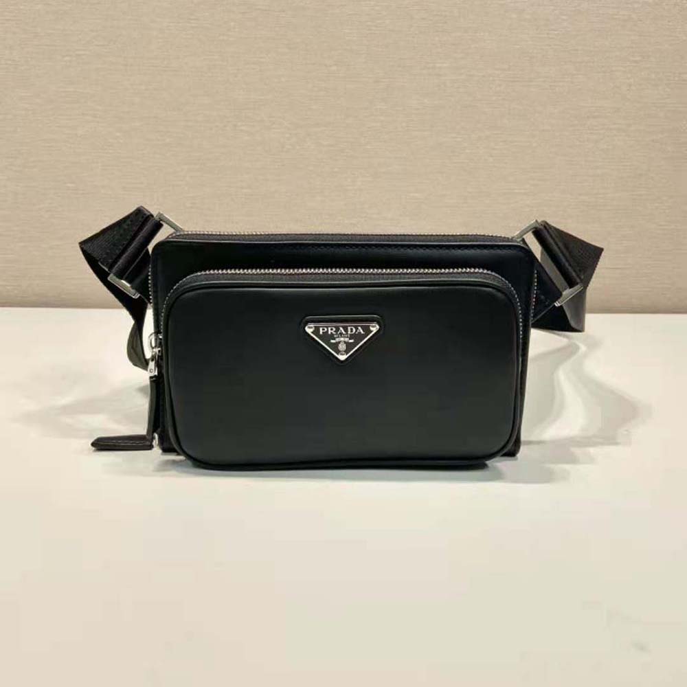 Side profile of Prada Men Leather Shoulder Bag-Black with zip closure
