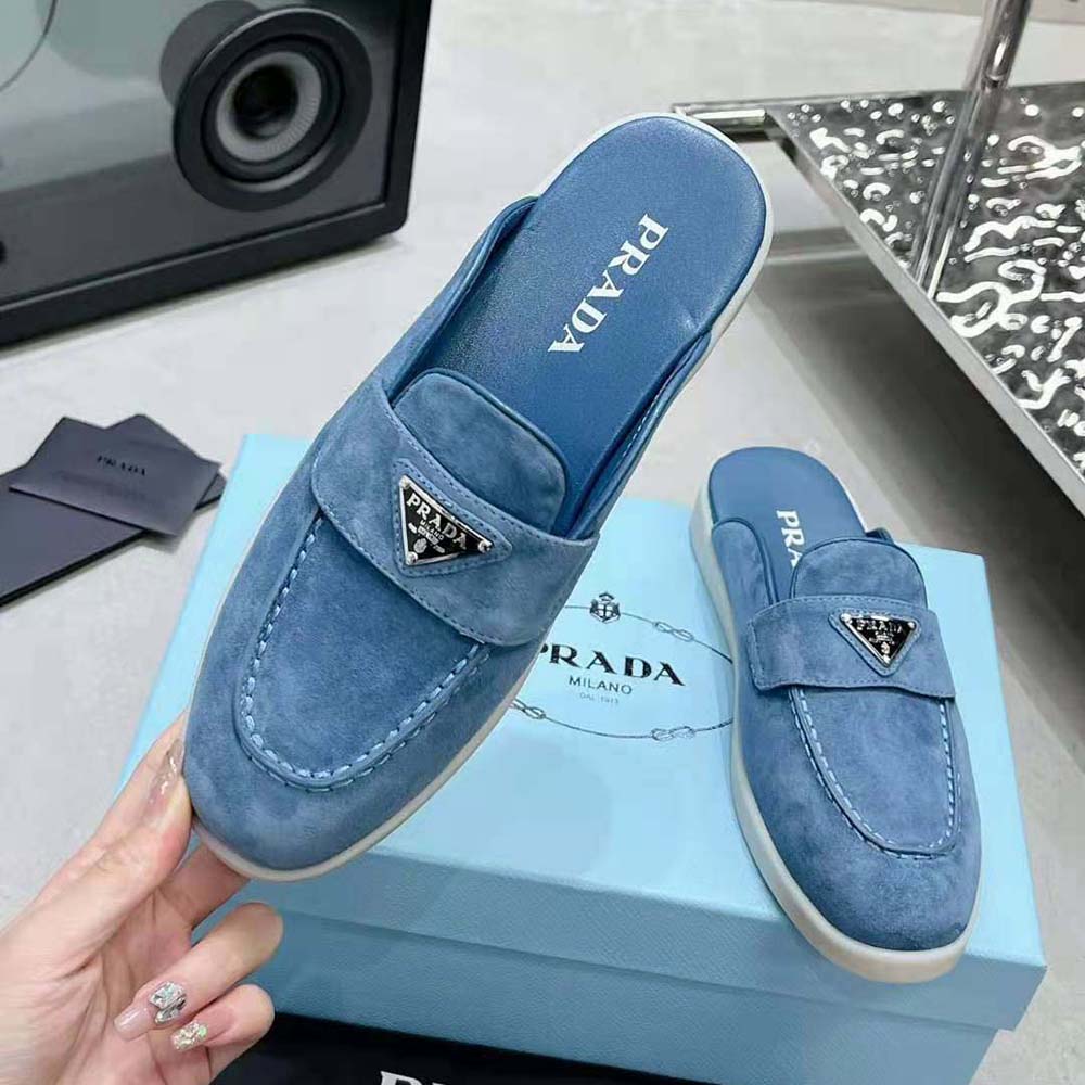 Prada Men Suede Sabots with the Enameled Metal Triangle Logo - image 6