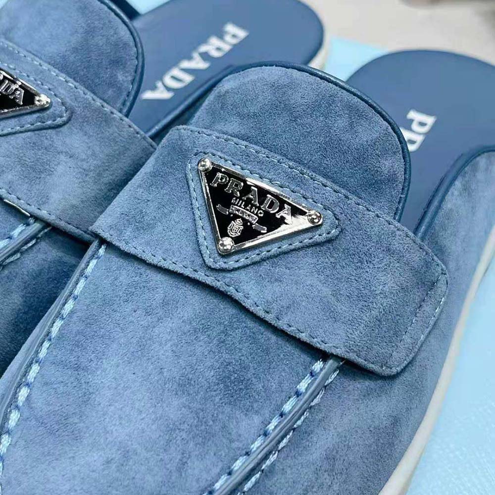 Prada Men Suede Sabots with the Enameled Metal Triangle Logo - image 9