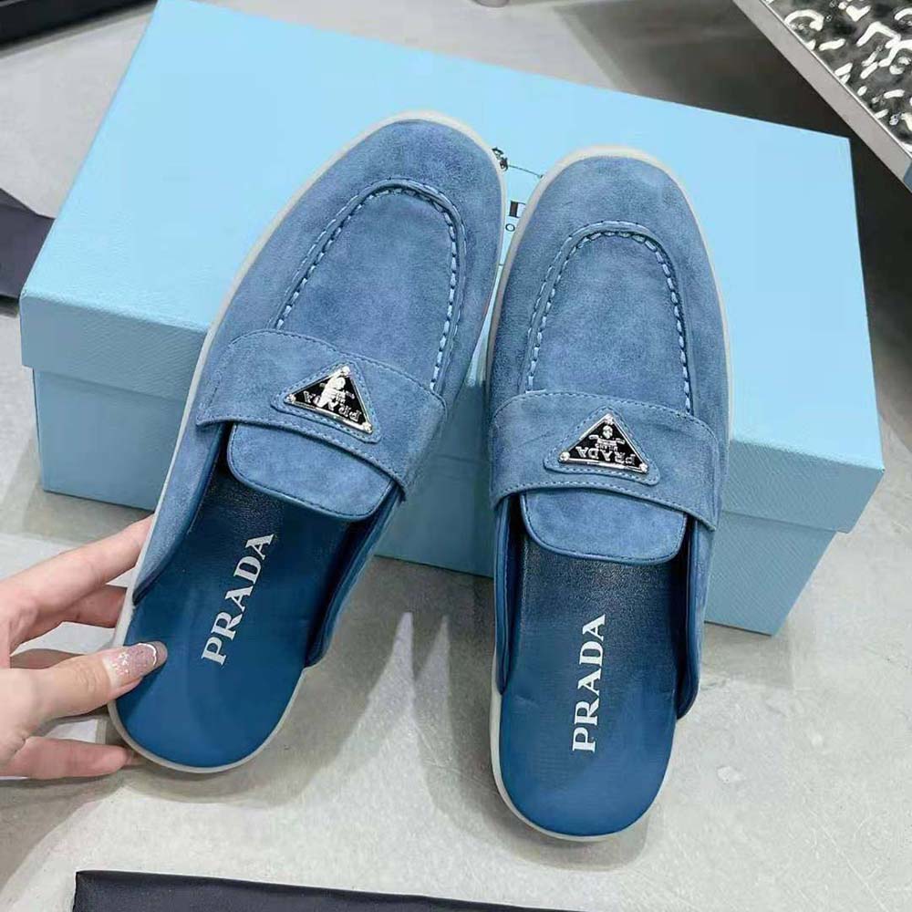 Prada Men Suede Sabots with the Enameled Metal Triangle Logo - image 4