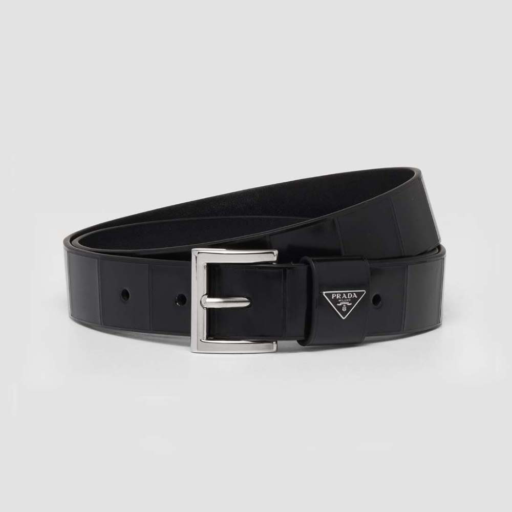 Front view of Prada Women Brushed Leather Belt with Enameled Metal Triangle Logo