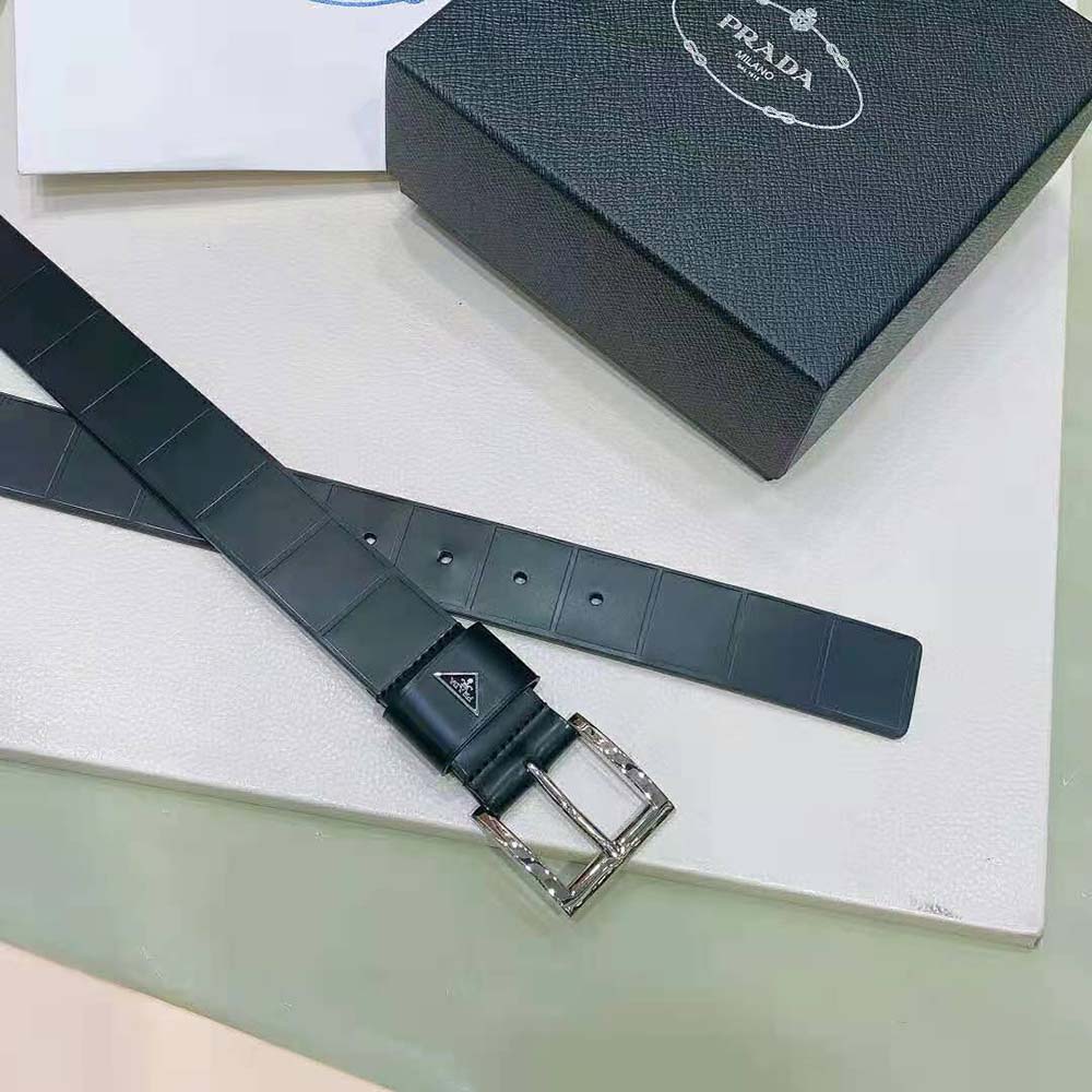 Side angle showing brushed leather texture of Prada Women Brushed Leather Belt