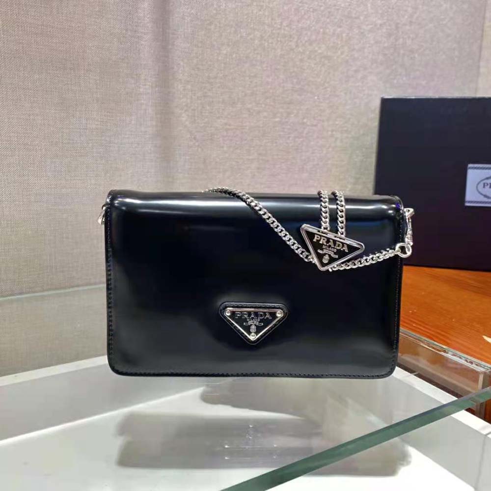 Prada Women Brushed Leather Shoulder Bag-Black - image 4