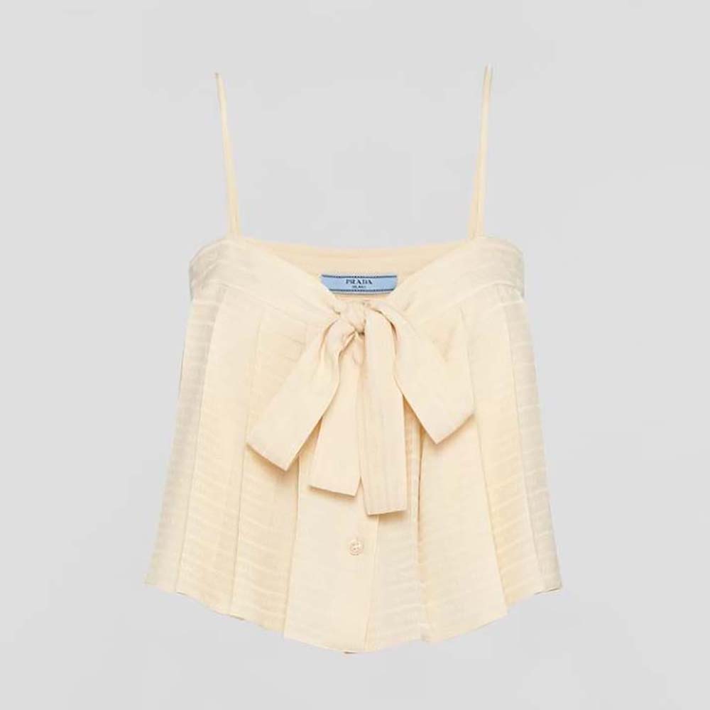 Front view of Prada Women Crêpe de Chine Jacquard Top in beige