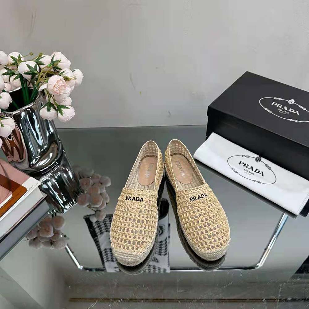 Close-up on embroidered logo detail of Prada Women Crochet Espadrilles