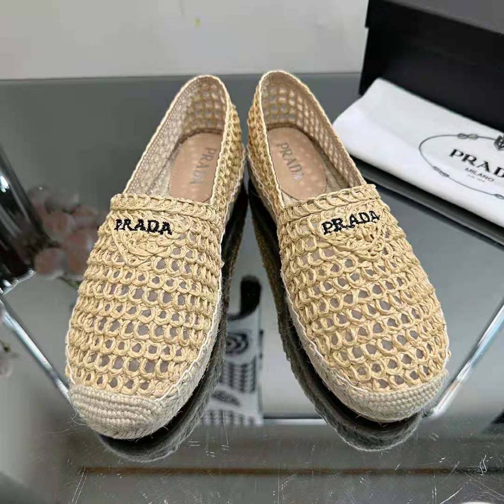 Prada Women Crochet Espadrilles with Embroidered Logo-Beige - image 5