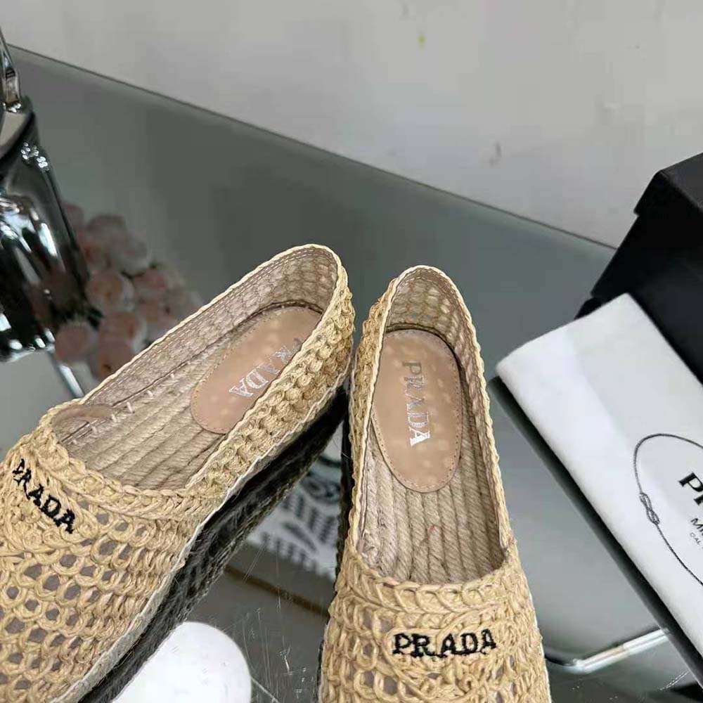 Prada Women Crochet Espadrilles with Embroidered Logo-Beige - image 9
