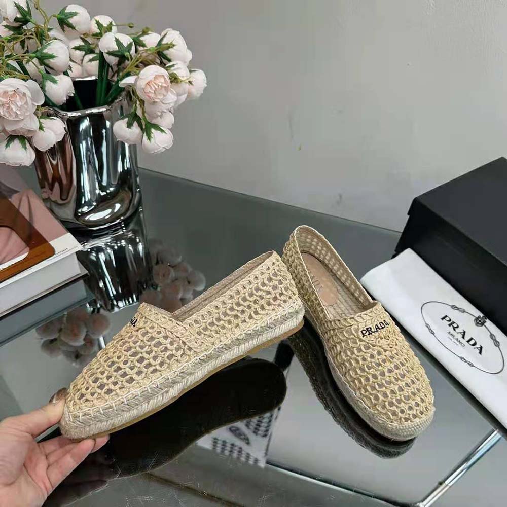 Prada Women Crochet Espadrilles with Embroidered Logo-Beige - image 8