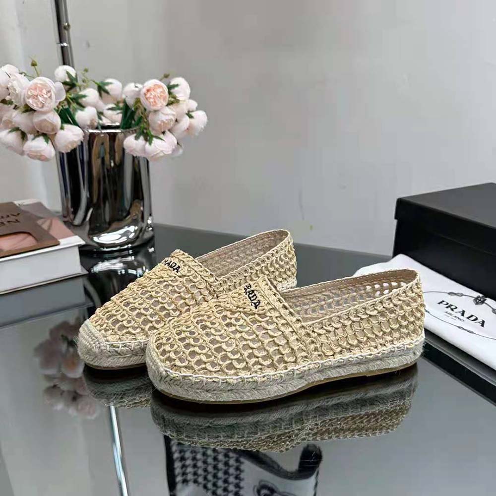 Prada Women Crochet Espadrilles with Embroidered Logo-Beige - image 7