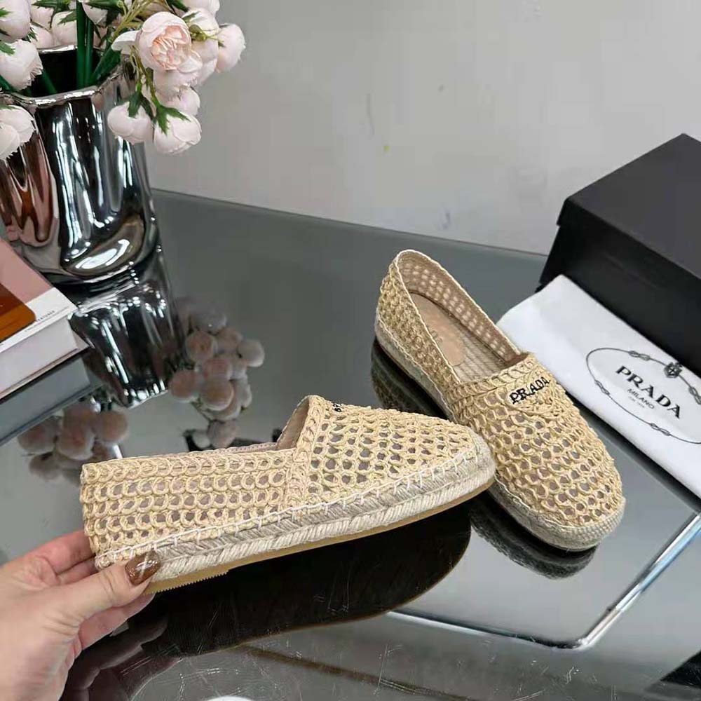Prada Women Crochet Espadrilles with Embroidered Logo-Beige - image 6