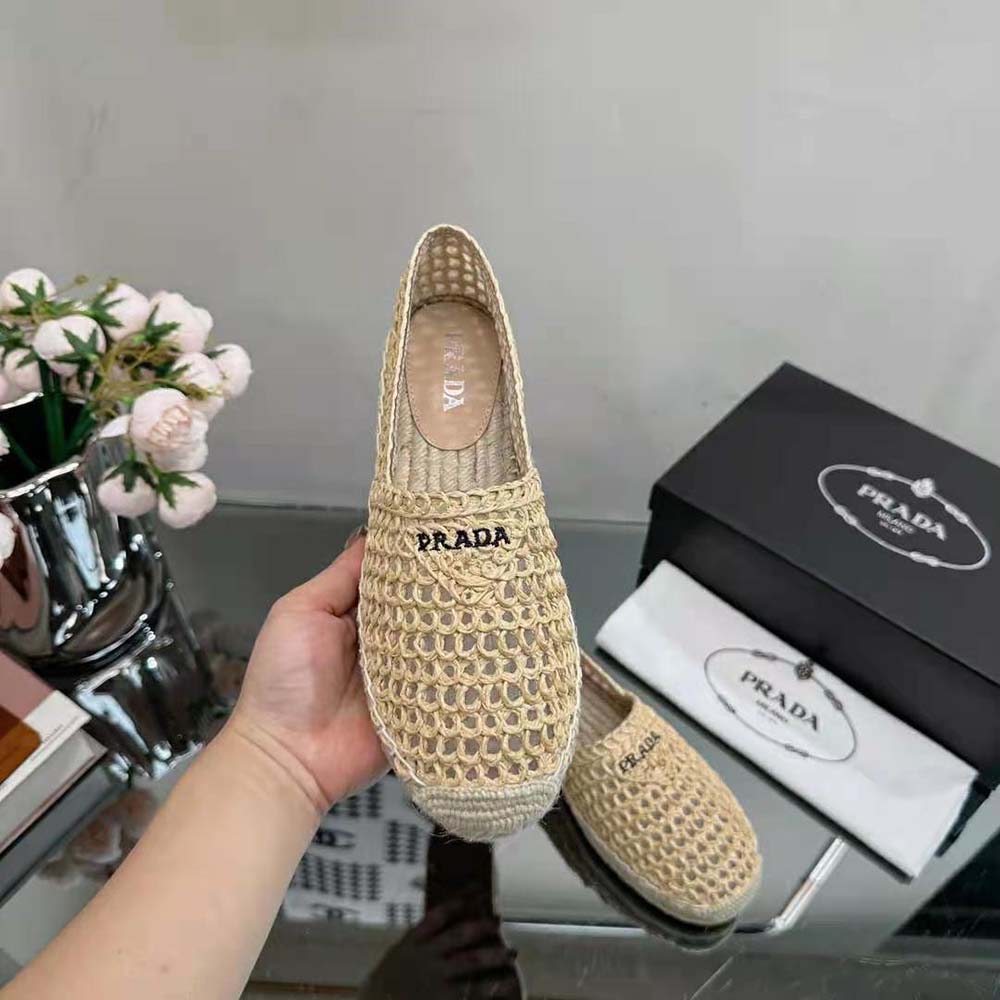 Prada Women Crochet Espadrilles with Embroidered Logo-Beige - image 4