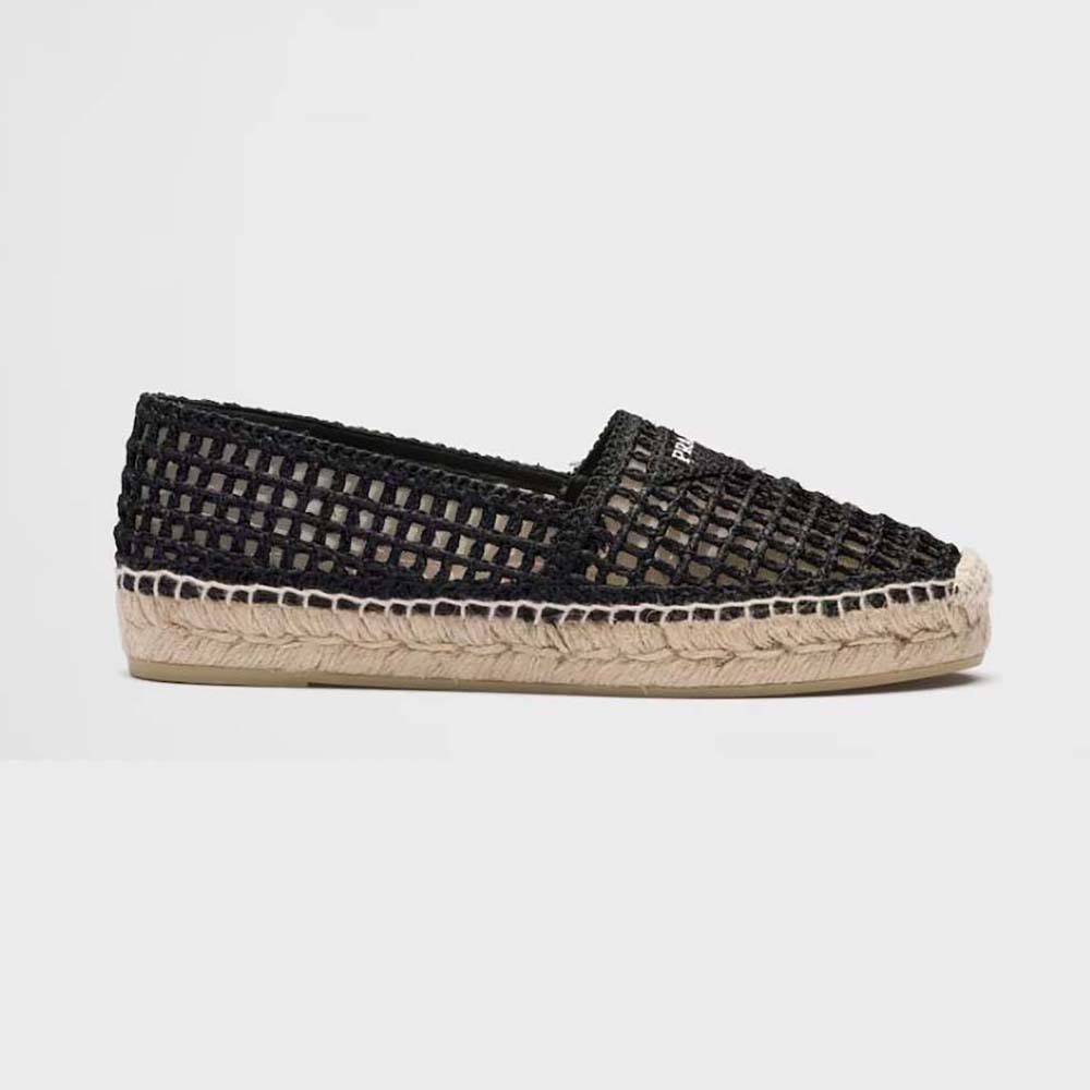 Side angle of Prada Women Crochet Espadrilles with Embroidered Logo-Black showing silhouette