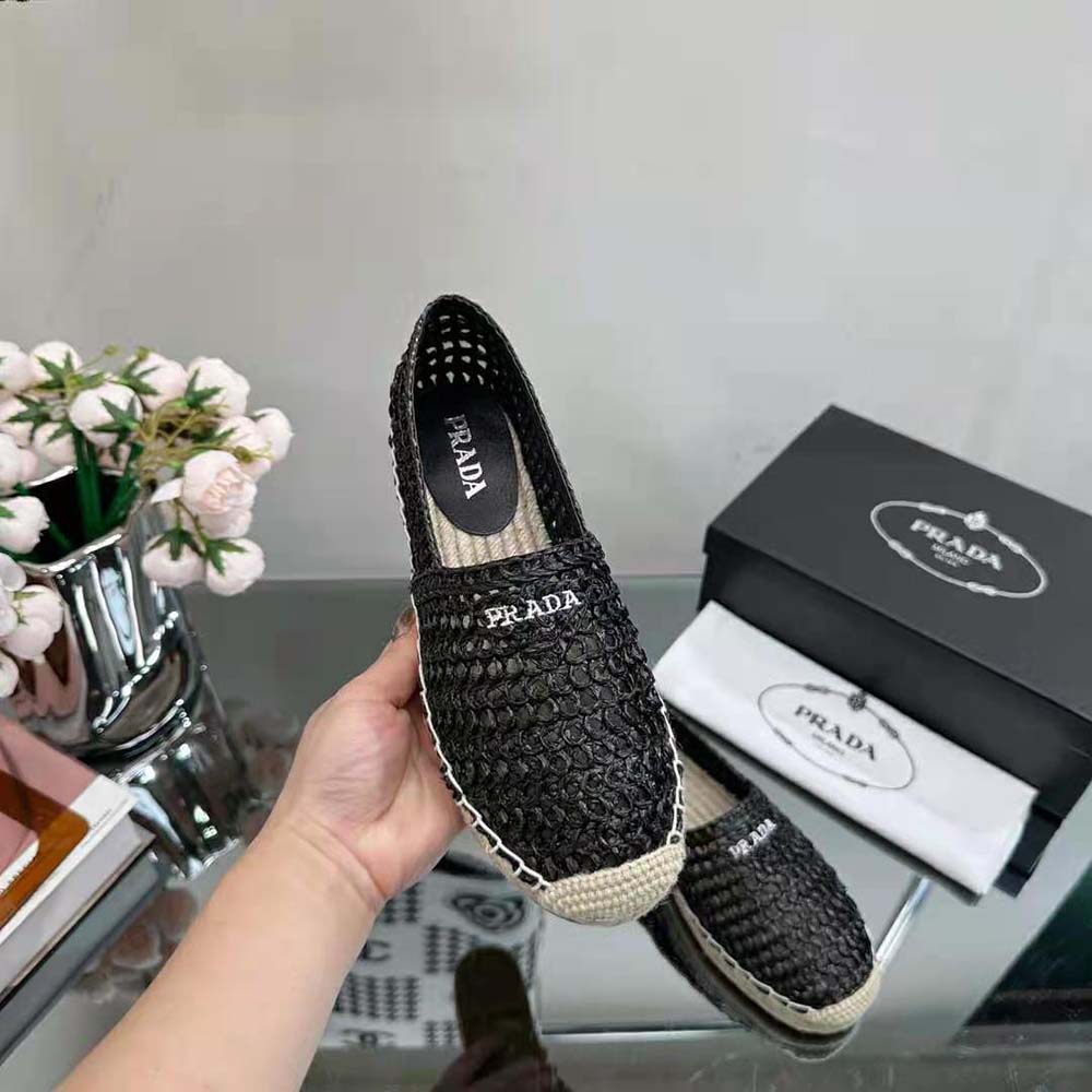 Prada Women Crochet Espadrilles with Embroidered Logo-Black - image 6